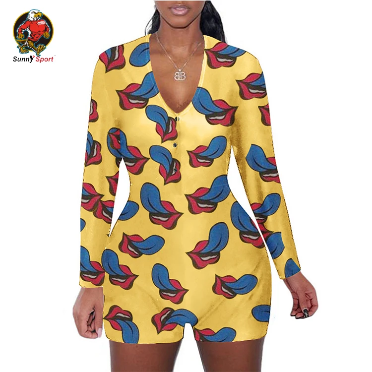 

Fashion Women Sexy V Neck Custom Printing One Piece Jumpsuit Long Sleeve Girl Short Pant Jumpsuit Romper, Customized color