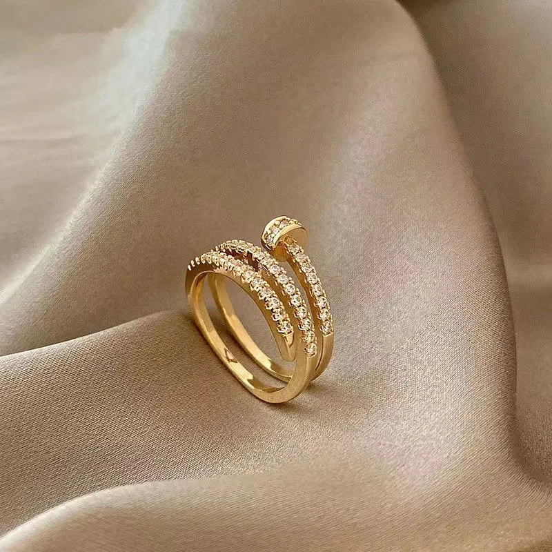 

Korea Fashion Jewelry Exquisite 14K Real Gold Plated Ring Elegant Women's Opening Adjustable Zircon Nail Ring