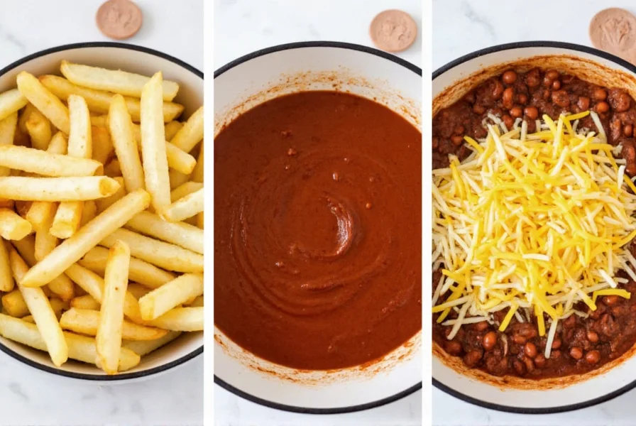 Step-by-step preparation of homemade chili cheese fries showing crispy fries, rich chili sauce, and melted cheese topping