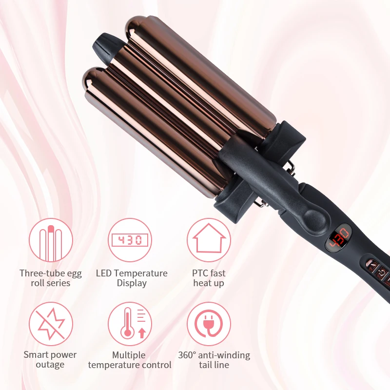 Professional Crimper Rose Gold Mermaid Triple Hair Curling Wand Magic