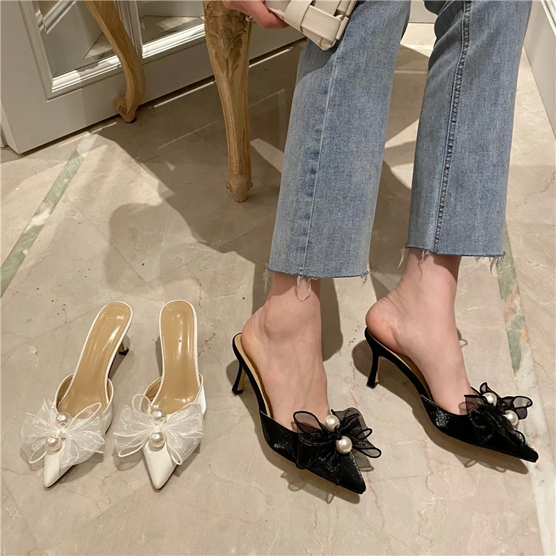 

Brand shoes women summer fashion pearl decor bow knot detail glitter mules closed pointed toe lady slides high heel pumps