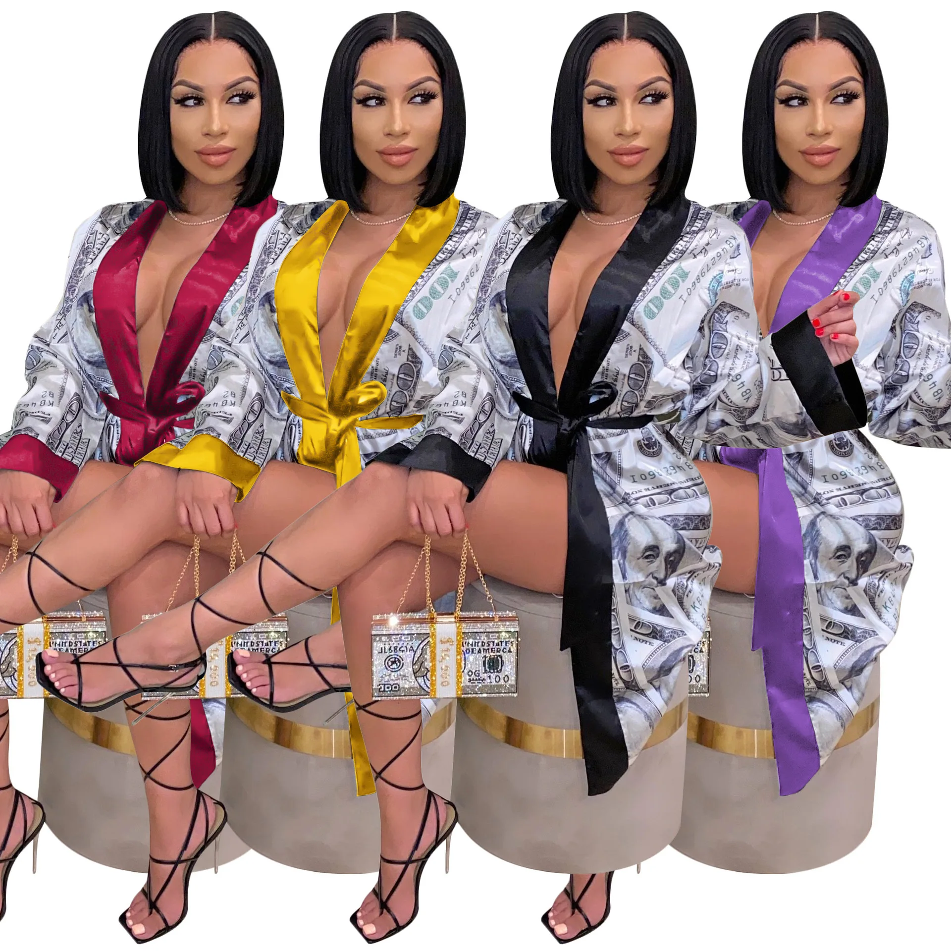 

New Arrival sexy loose dollar printed Pajamas home casual women robe fashion Bathrobe Women Sleepwear, Yellow, black, burgundy, purple