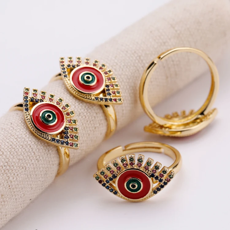 

Cheap Turkish Bright-coloured Devil Eyes Ring CZ Micro Pave Open Rings, Gold