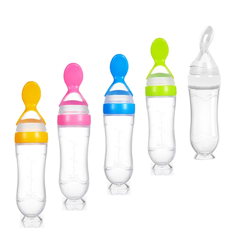 

90ML Nursing Bottle Squeeze Feeding Bottle Baby Training Feeder Rice Paste Bottle Feeder with Spoon, Pink,blue,green,orange, white