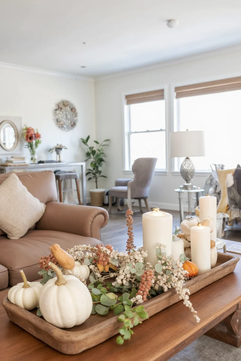 Stacked coffee table books with fall-themed covers