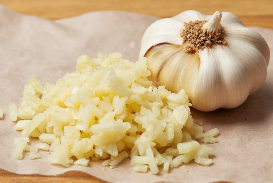 Fresh garlic cloves next to measured teaspoon of minced garlic