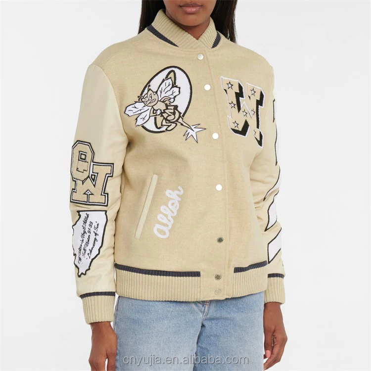

Custom women leather sleeve multiple chenille embroidery patch letterman varsity jacket with towel rib, Customized color