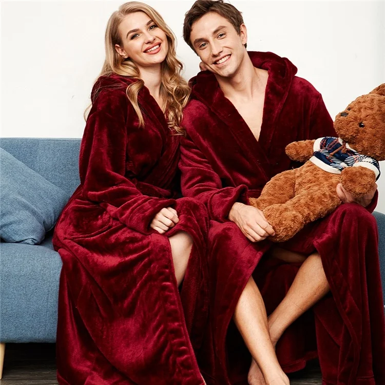 

Winter Warm Ultra Long Flannel Robe Loose HOOD Sleepwear For Bathrobe MEN & WOMEN Thick Large Pajama, As picture show