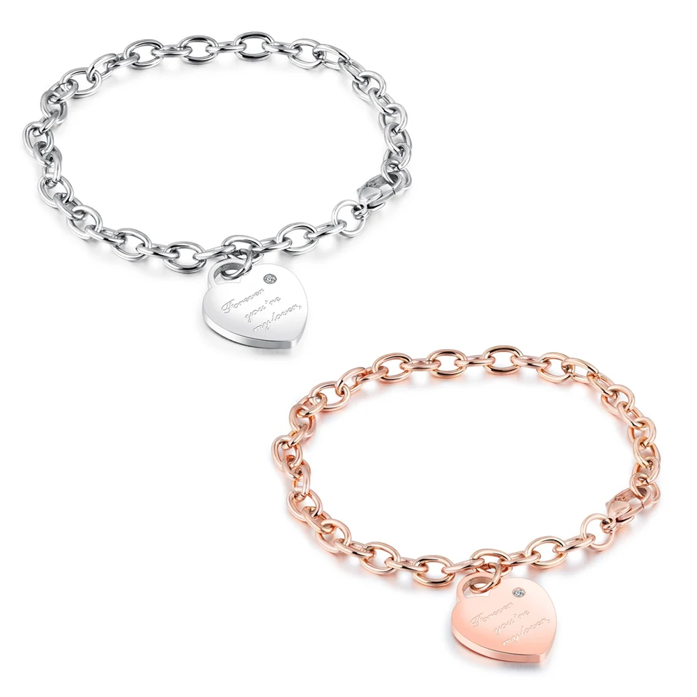 

2020 Classic Popular Heart Shape Stainless Steel Zircon Women Charm Bracelet, Rose gold, silver