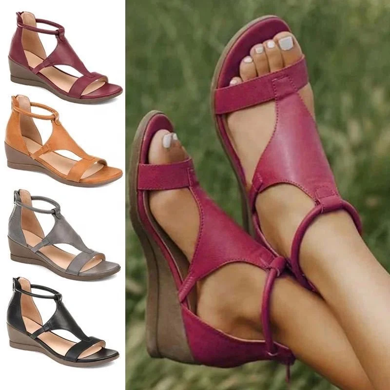 

2021 Retro Style Large Size Women Sandal Wedged Heels Peep-Toe Shoes