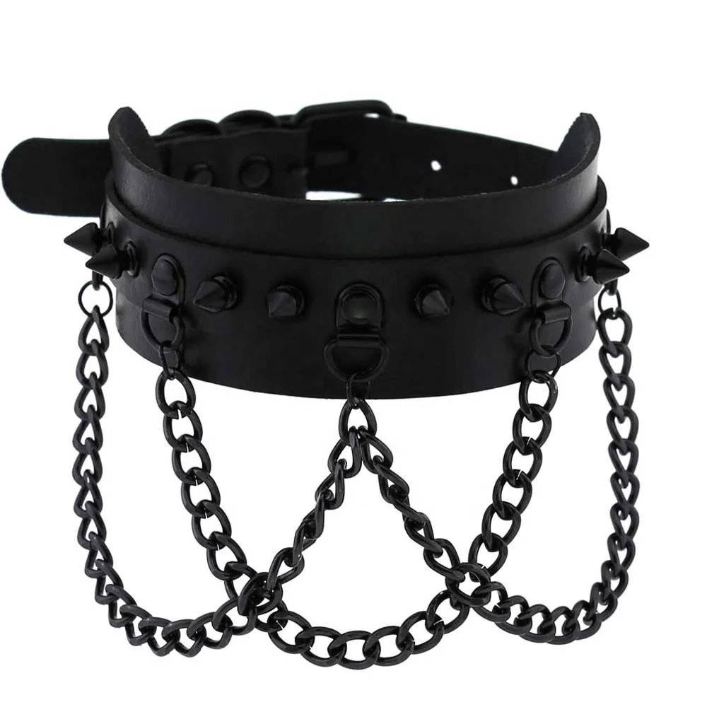 

Woman Man Harajuku Punk Black Rivet Leather Bondage Chain Collar Sexy Goth Black Metal Chain Choker Necklace, 16 colors to choosing