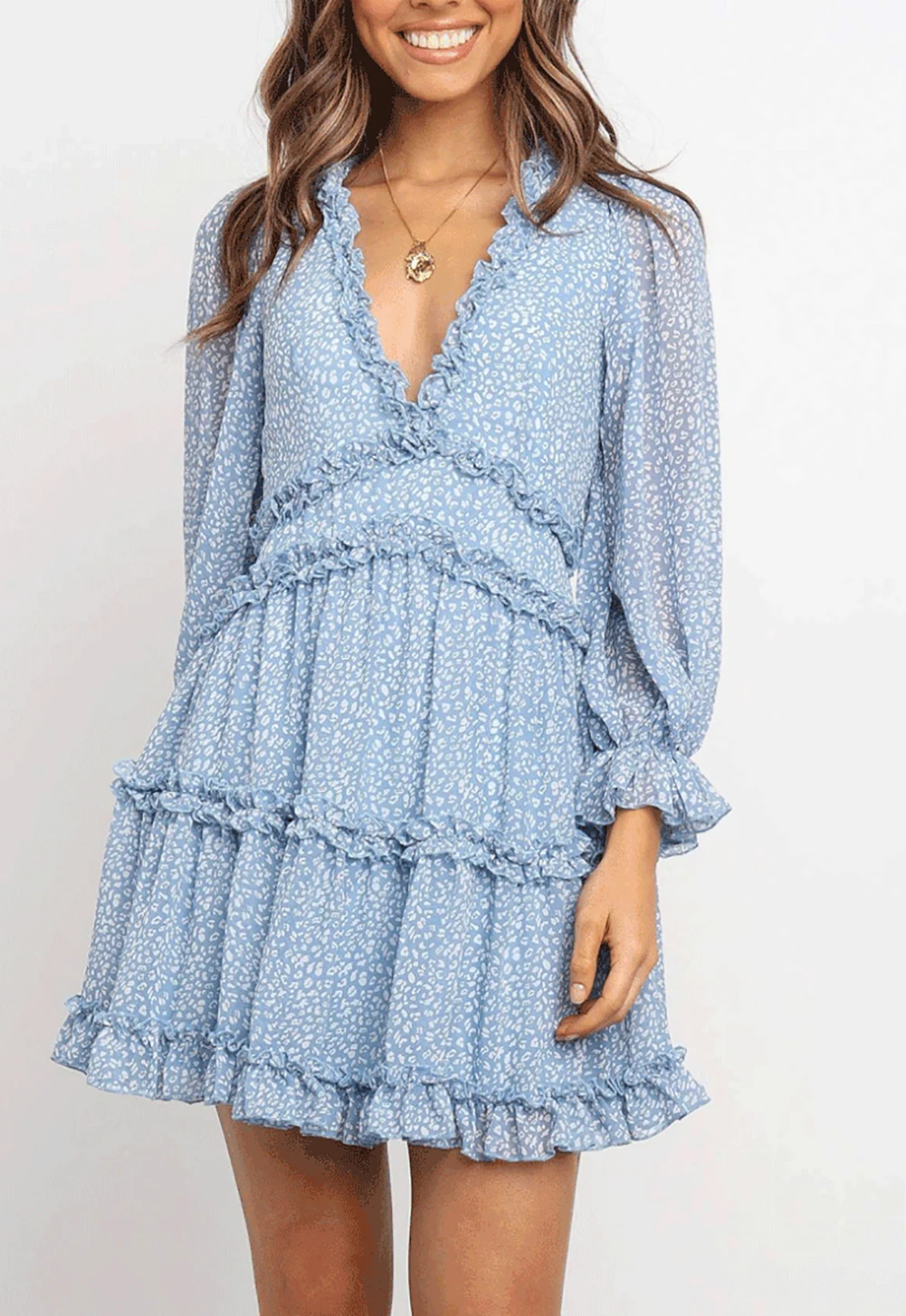 时尚复古印花雪纺连衣裙夏季长袖连衣裙复古领子休闲修身连衣裙