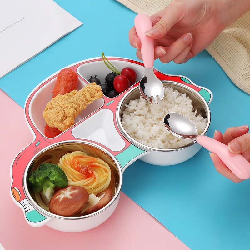 

CHINA OEM FACTORY Children's car dinner plate stainless steel spoon fork baby divided food supplement removable tableware set