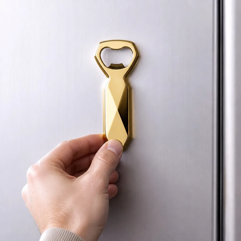 Hand placing the gold bottle opener onto a brushed metal surface