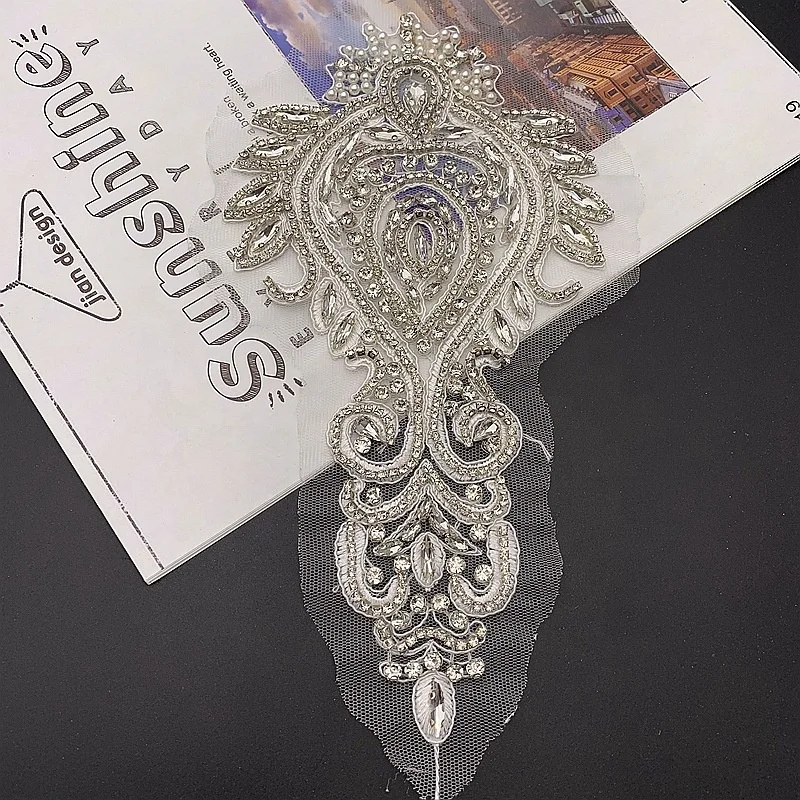

Modern bling embroidery crystal pearl applique for wedding dresses, Clear