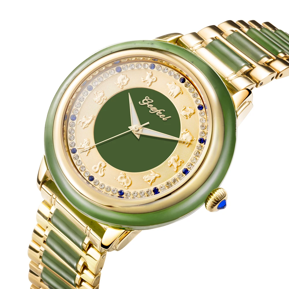 新的自动上链机芯奢华翡翠手表爱好者与月中国十二生肖玉石拨筋棒