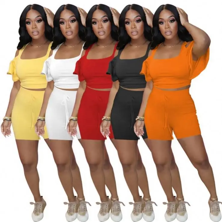 

MISSMOEN Pure Color Hollow Out Drop Sleeve Women Clothing 2 Piece Pant Sets Ruffle Crop Top And Shorts Two Piece Set