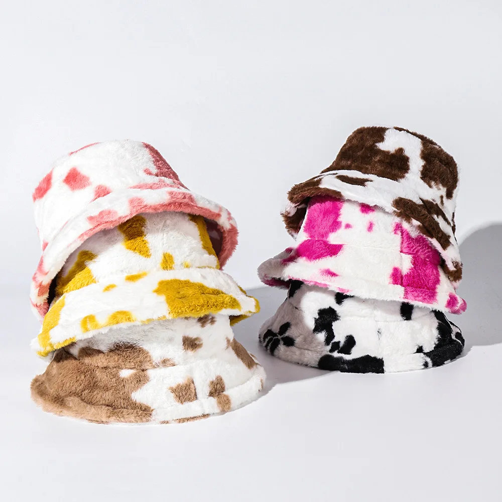 Autumn winter adults cute milk print fluffy plush faux fur warm bucket hat for woman