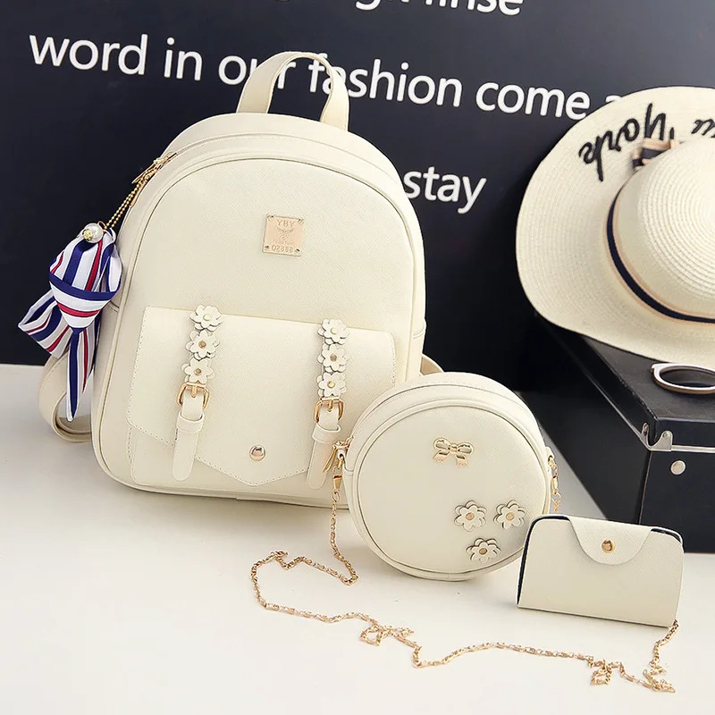 

Hot Sell Girl Backpack College Bags Woman Pu Leather Backpack Fashion Casual Small Round Bag Mini Cardholder 3PCS Bags Set, Same as photo