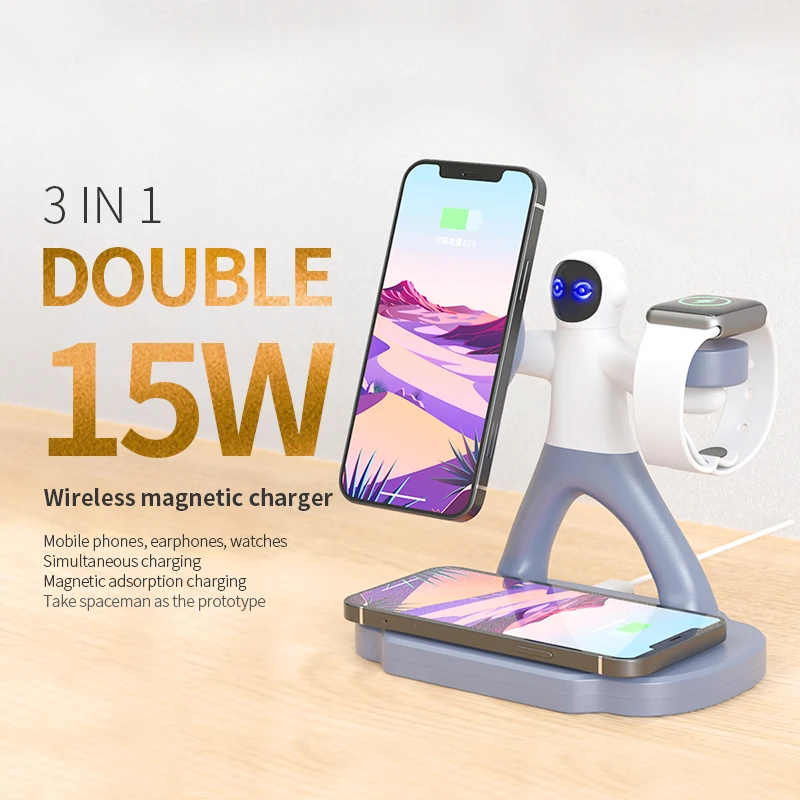 

Robot Induction Duo Holder 15W 3in1 Fast Charging Station Dock Magsaf Charger for Apple iPhone 13 Pro Max