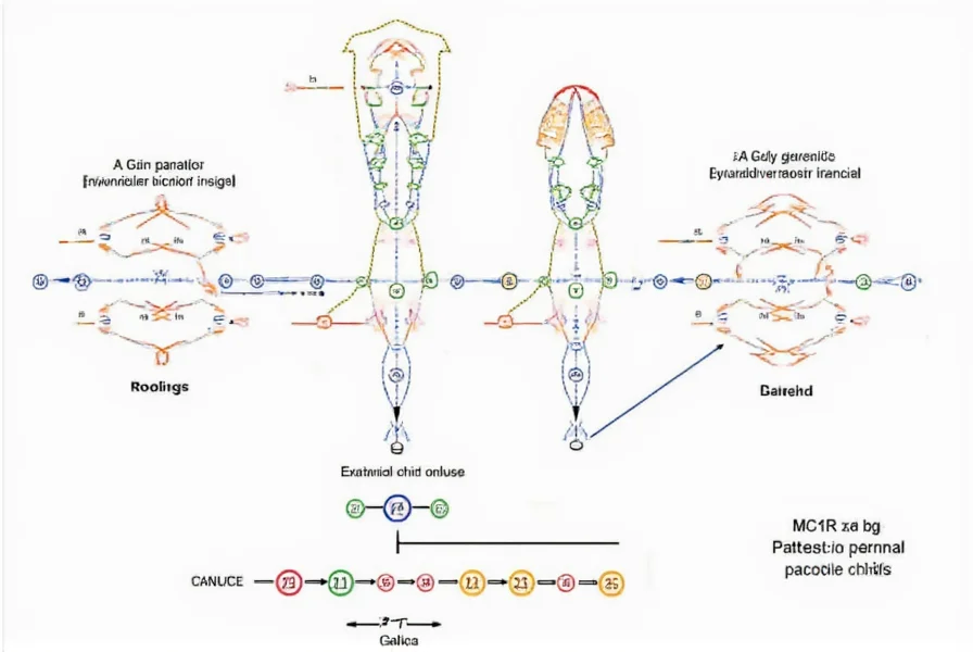 Genetic inheritance pattern of MC1R gene showing recessive trait transmission from carrier parents to child with red hair
