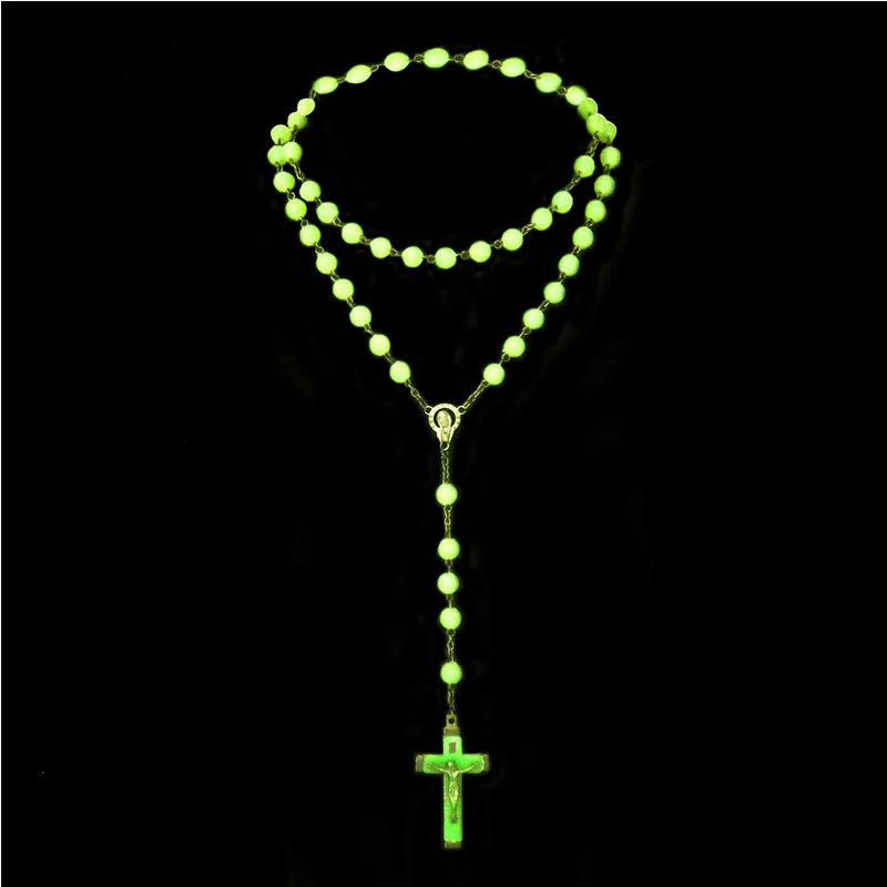 

Wholesale Jesus Christ Cross Pendant Necklace 8mm Rosary Glow Cross Necklace For Mother Day Gifts 2021, Customized color