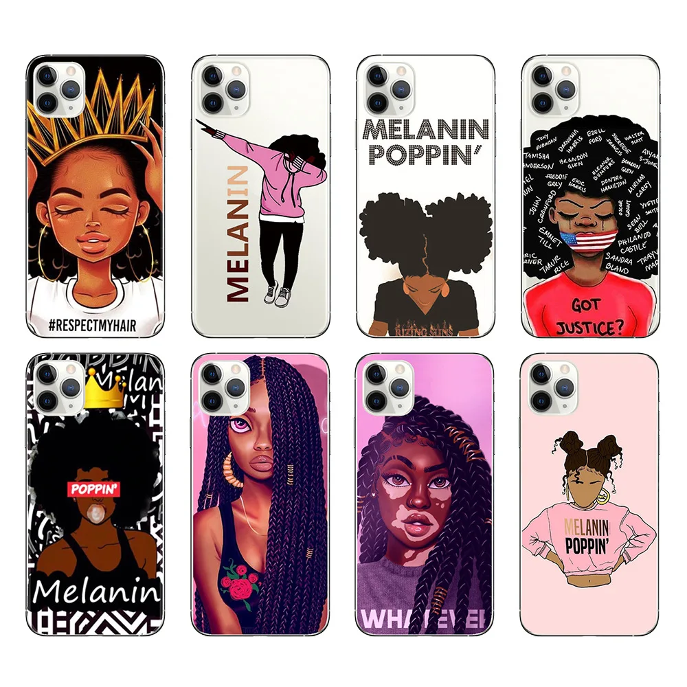 

Custom African Print Black Girl Melanin Poppin Phone Case for iPhone 11 12 13 Pro Max X XS XR Carcasas Para Celulares, Black,pink,clear