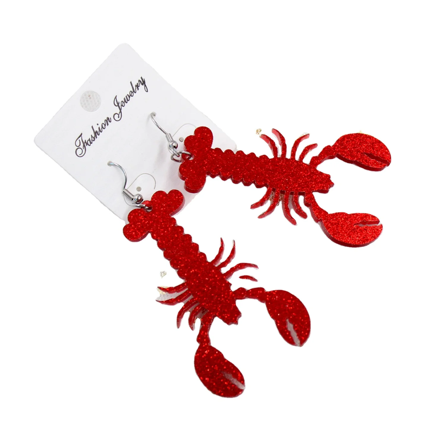 

AH009  Acrylic Lobster Dangle Earrings Red Glitter Shrimp Drop Earrings Summer Earrings, Picture