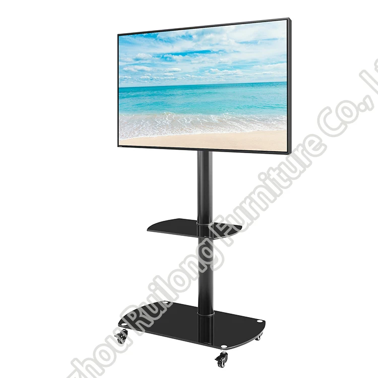 

Modern Luxury Simple Movable LCD Plasma TV Trolley Stand Designs Floor Mount Mobile Metal Iron Glass TV Stand With Wheels