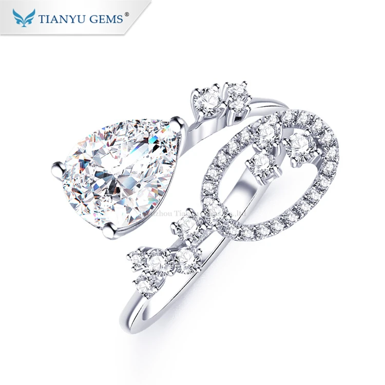 

Tianyu gems latest girls finger rings 2ct pear cut moissanite D color with 10k white gold
