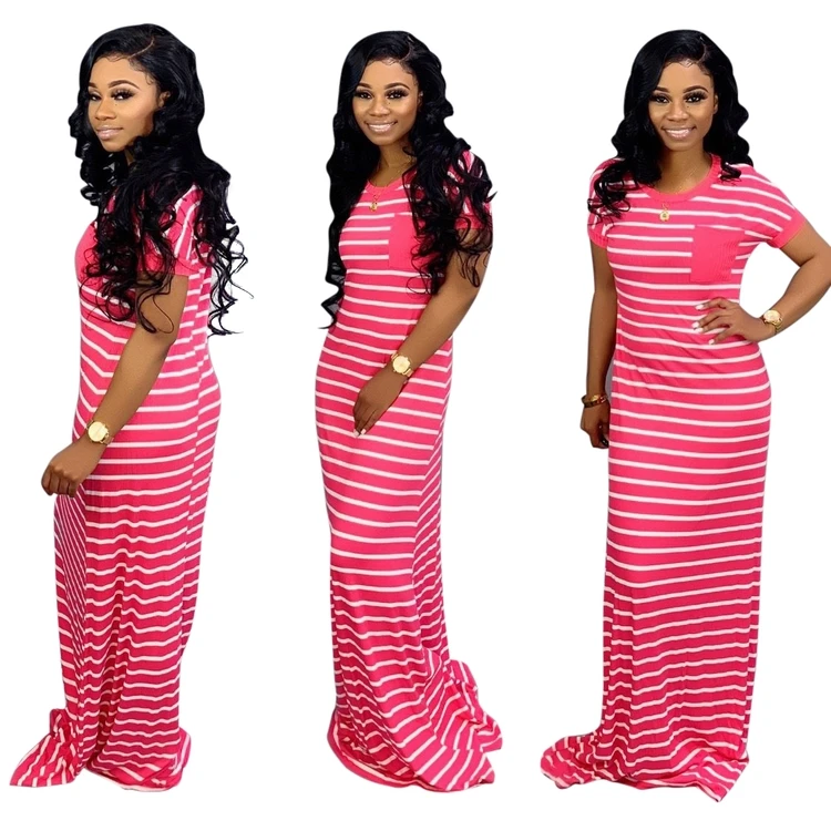 

Summer trendy women clothing pocket stripe ladies casual tshirt maxi dress