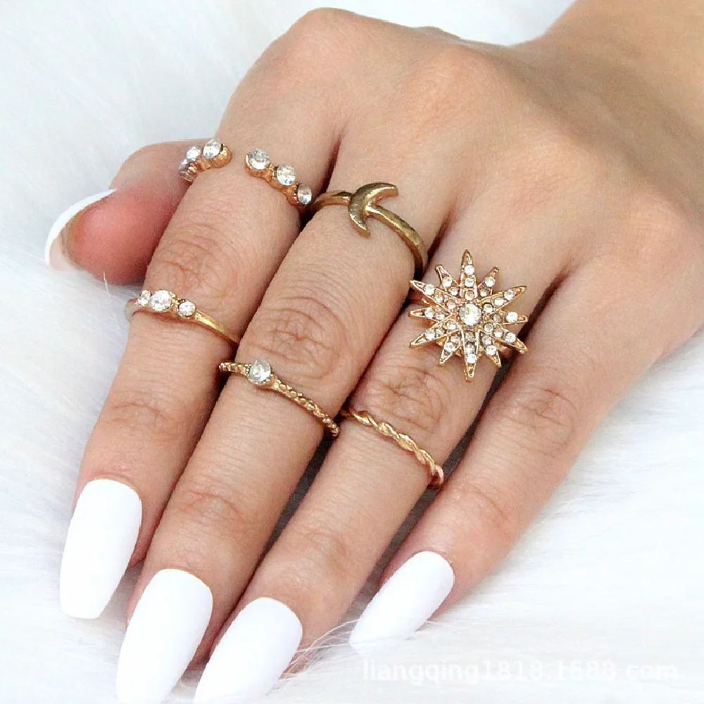 

New fashion hot selling jewelry ring personality full diamond stars moon water droplets 6 pcs/set of alloy girls finger ring set, Gold color