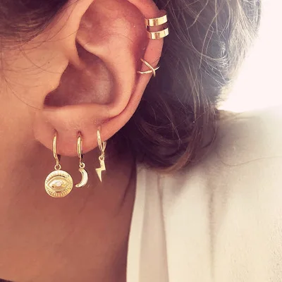 

5 Pieces/Set Hoop Clip On Earrings Mix Eye Lightning Moon Pendants for Women Trendy Gold Plated Wholesale Jewelry