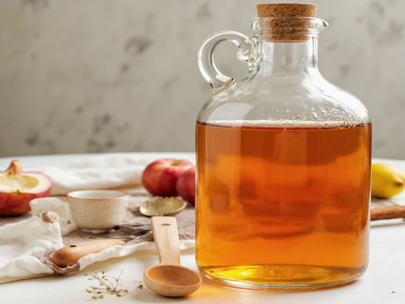 Homemade simple syrup in glass bottle with measuring cups