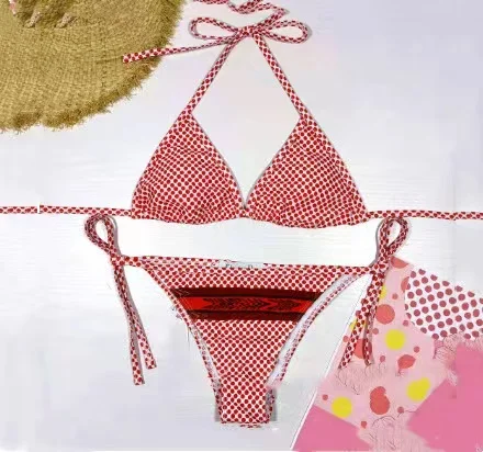 

Fashion Lace Up Sexy Triangle Print Bikini Letters Split Women's Swimsuit, As the picture shows