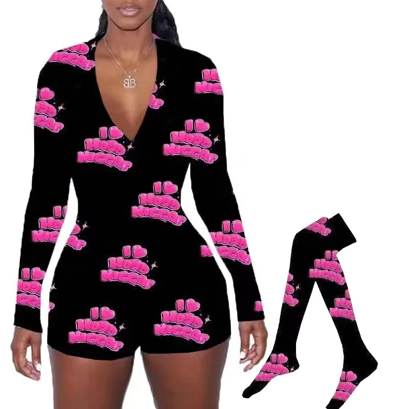 

New arrival Bodycon hot selling sexy women indoor home wear cute printed valentines day onesie with socks, As picture or customized make