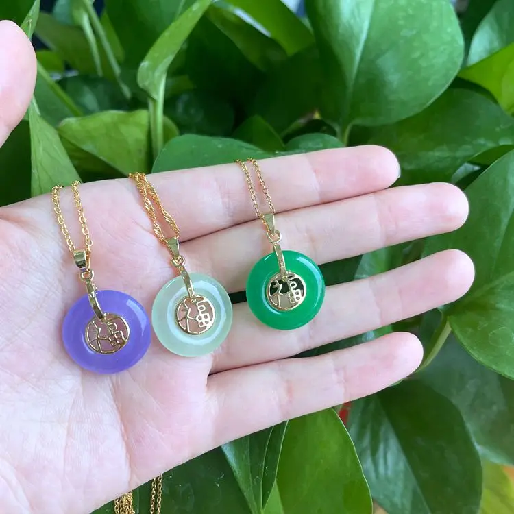 

18k Gold Plated Chinese Fu Symbol Jade Necklaces Lavender Green Natural Jade Circle Donut Necklace Pendant Jewelry