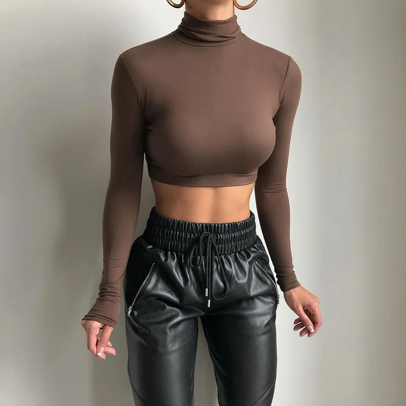 

FS1857D women Long sleeve high collar crop tops solid colors T shirts