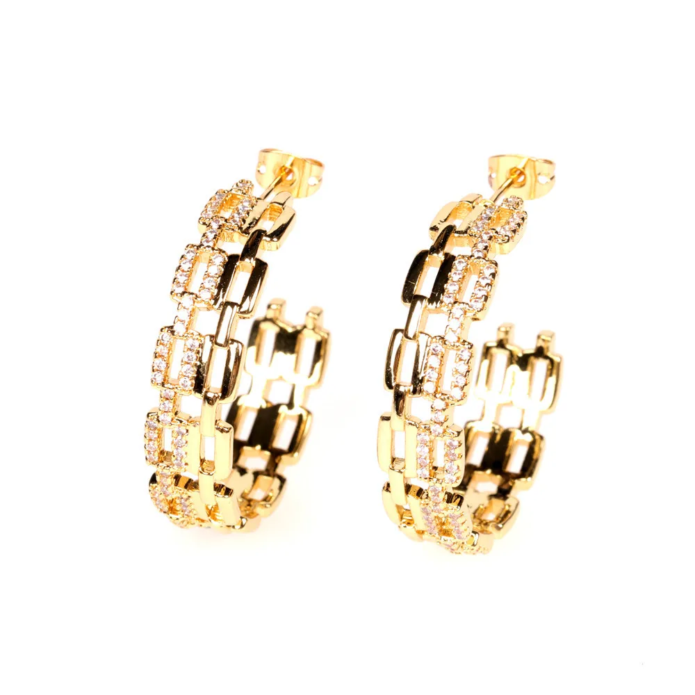 

Punk Hip Hops 24K Gold Plated Bling Cubic Chain Earrings Crystal Zirconia C Shape Earring For Women Party