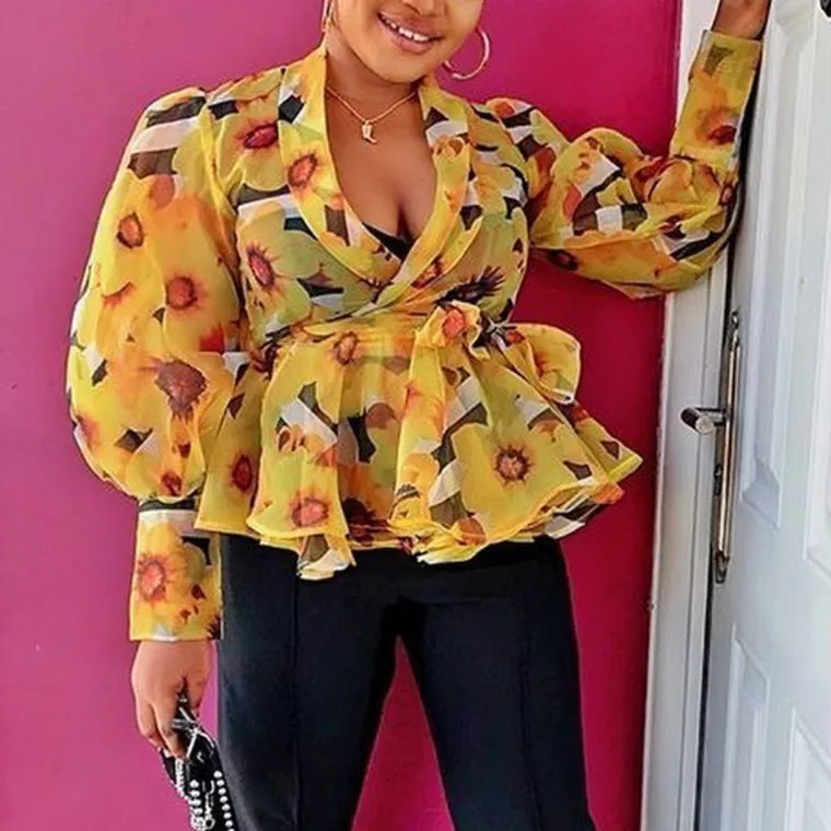 

2021 Summer Sexy Yellow Autumn Printed See Through V Neck Women Blouse