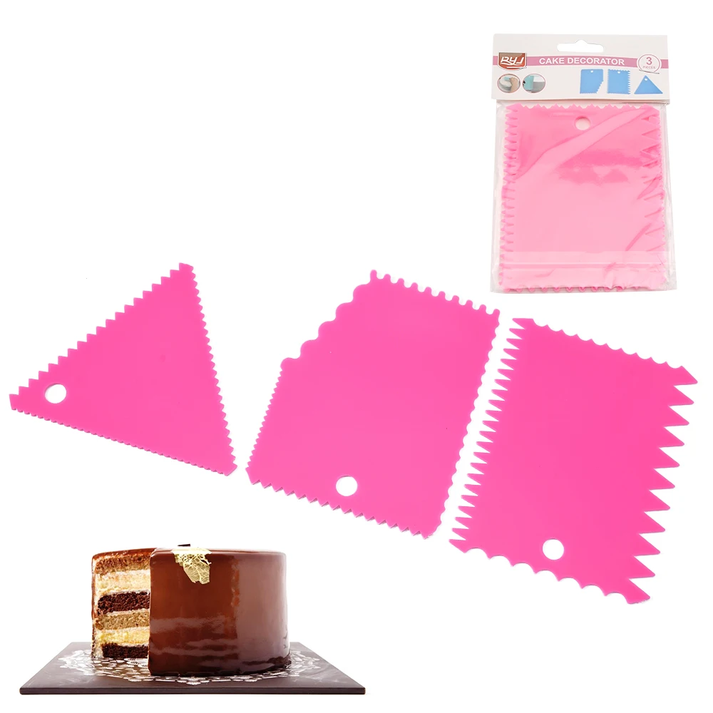 

3 pcs pink plastic cake decoration comb set with sawtooth edge
