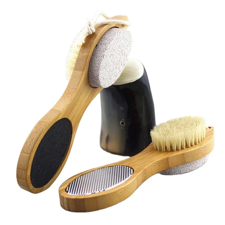 

Multifunction Callus Remover Bamboo Handle Scrubber 4 in 1 Foot File Brush with Pumice Stone
