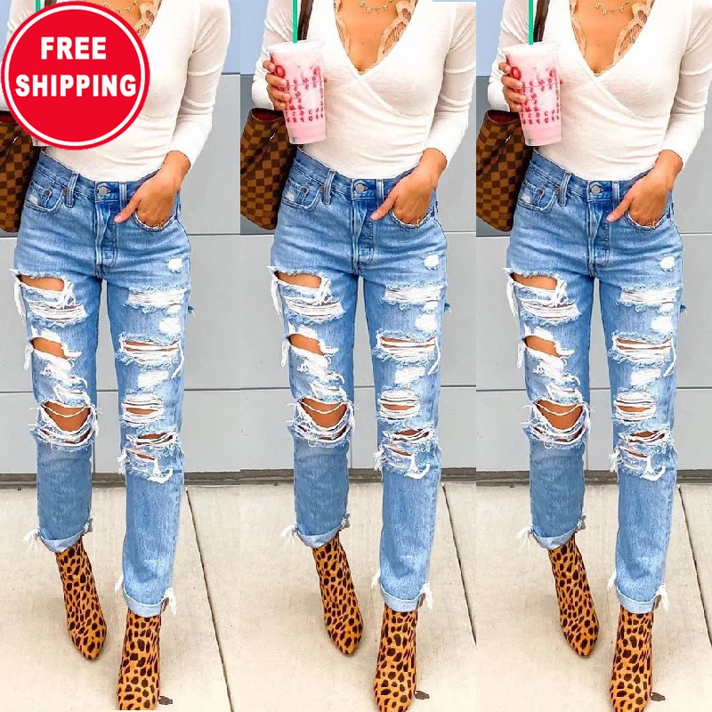 

Ripped Jeans For Women Casual Pencil Skinny Hole Slim Denim Pants Female Stretchy Trend Femme Trousers, Leopard, snake, camouflage, a1, a2, a3, a4