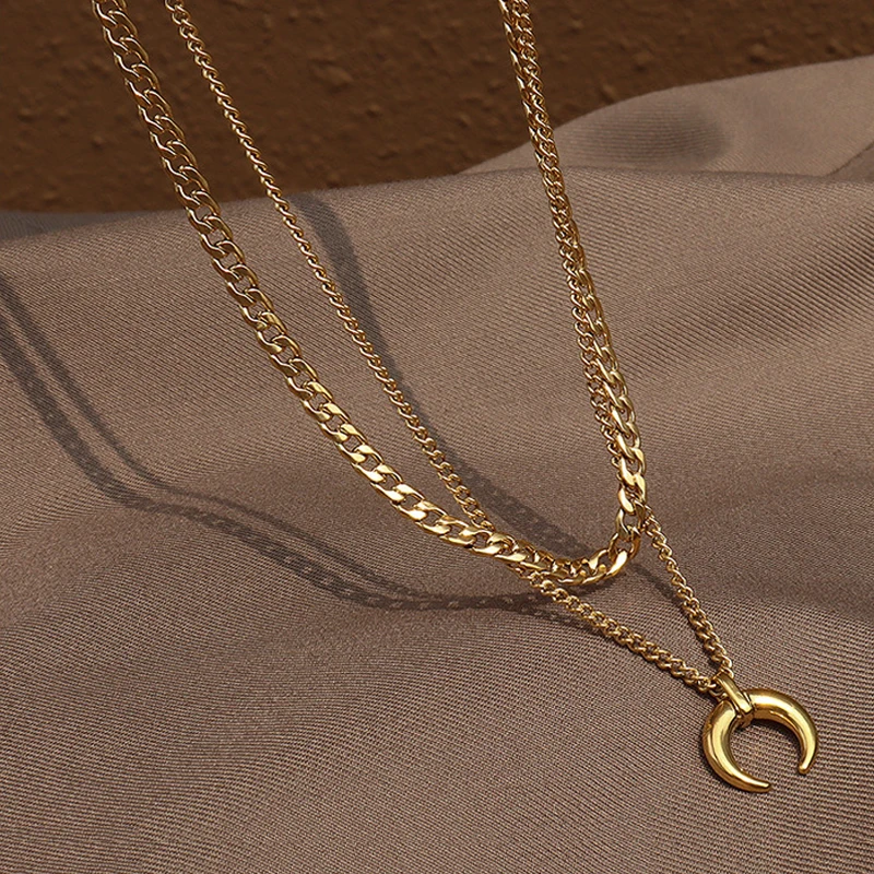 

Fashion Jewelry Stainless Steel 18k Gold Plated Curb Chain Layered Choker Necklace Crescent Moon Pendant Necklace