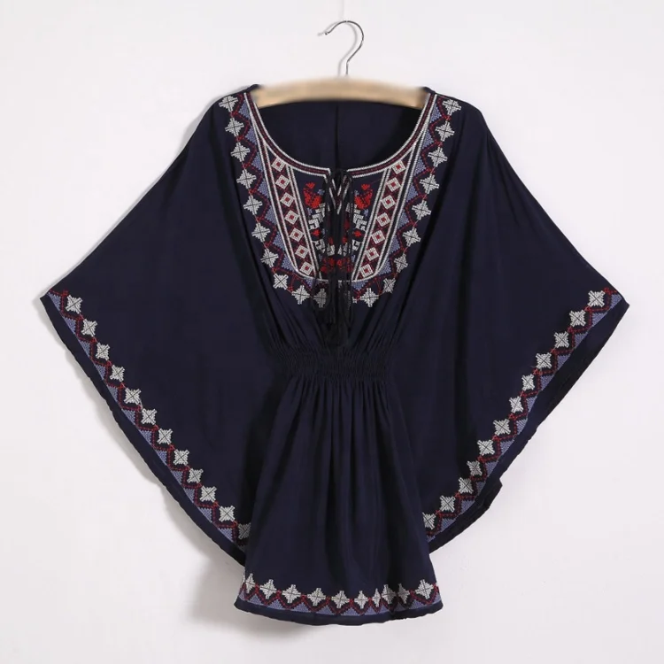 

Women's Casual Boho Embroidered Long Sleeve Peasant Tops Button Up Loose Mexican Bohemian Blouses Shirt, Customized color