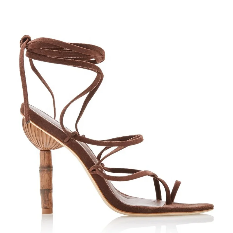 

Wrap-tie bamboo leather high heel lady suede brown sandals