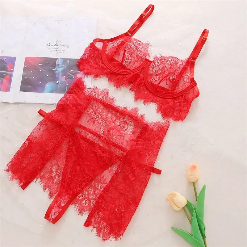 

Women Sexy Lace Lingerie Sheer Bra with Under Wire Bare G-string Hot Red Underwear For Lady, Neon pink