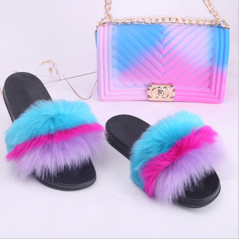 

LW-TX1042 Fake fox fur sandles and hangbag women lady shoes and matching bag set
