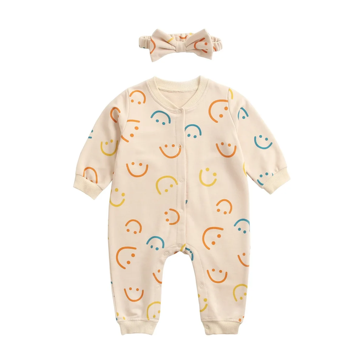 

Infant Colorful Smile Face Print Long Sleeve Jumpsuit With Headband