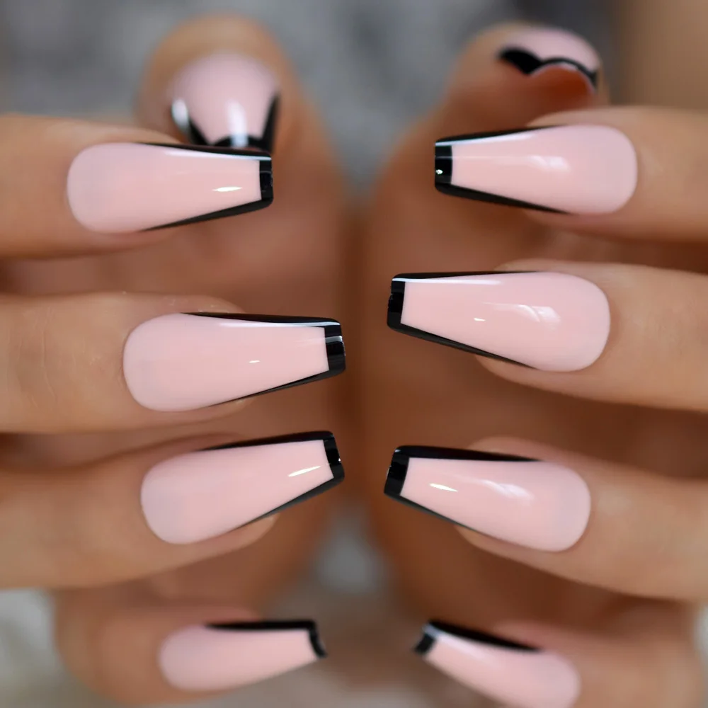

Long Coffin Black Border French style Fake Nail Tips Full Cover Design Art Nail For Party With Taps 24 pcs, Pink